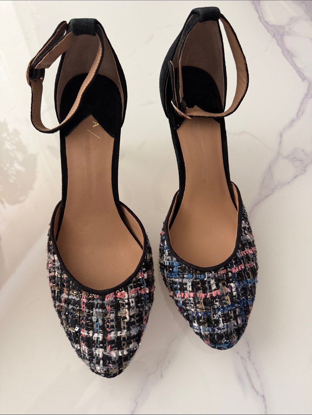 Anthropologie Ankle-Strap Tweed Pointed-Toe Pumps in Black Multicolor